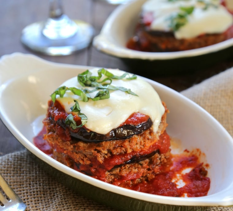 Cheesy meatloaf stacks with grilled eggplant and fresh basil