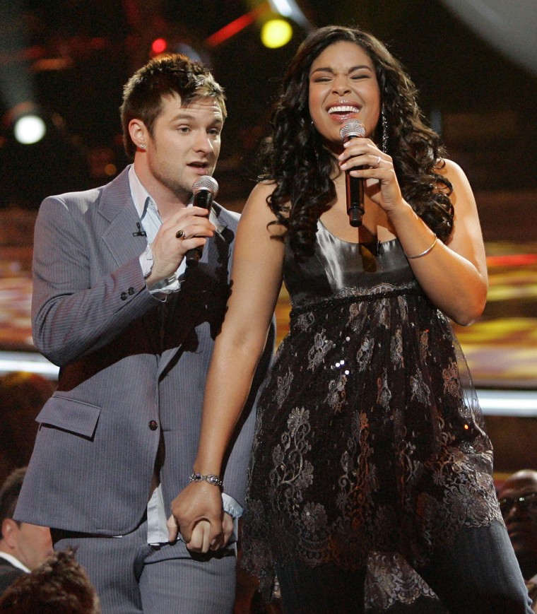 Finalists Jordin Sparks, right, and Blake Lewis perform a duet to, \"I Saw Her Standing There,\" during the finale of American Idol at the Kodak Theatre...