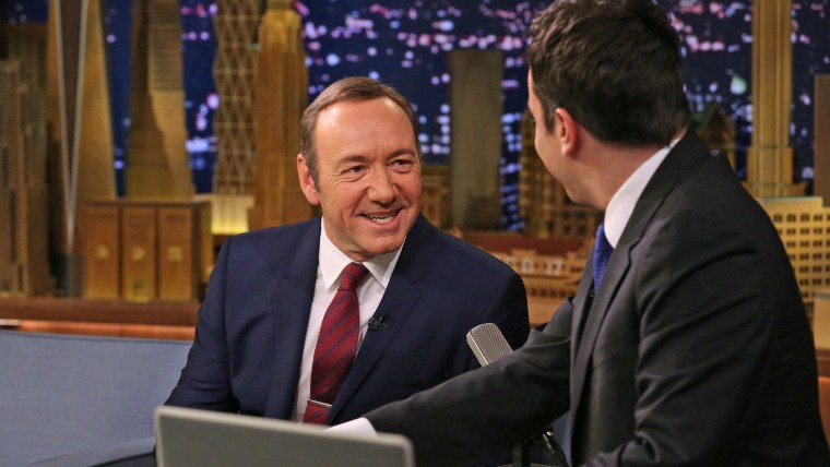THE TONIGHT SHOW STARRING JIMMY FALLON -- Episode 0050 -- Pictured: (l-r) Actor Kevin Spacey during an interview with host Jimmy Fallon on May 2, 2014...