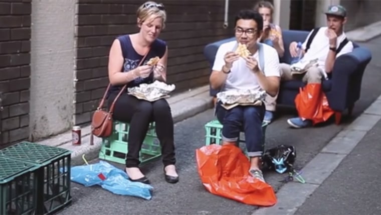 People eating jaffles from parachute.