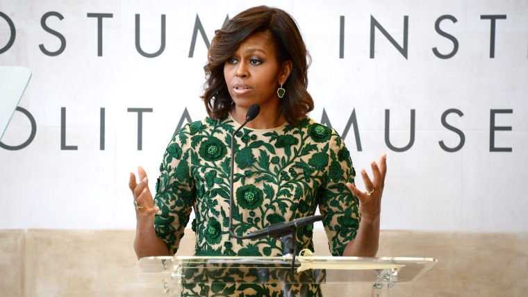 NEW YORK, NY - MAY 05:  First Lady of the United States Michelle Obama speaks onstage at the Anna Wintour Costume Center Grand Opening at the Metropol...