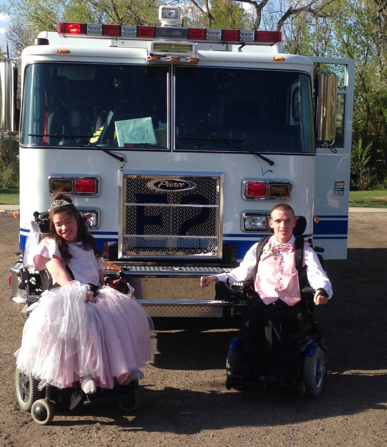 The Arvada Fire Department in Colorado helped Kelsie Levad and AJ Novotny, teens who both have cerebral palsy, travel to the prom in style by giving them a ride in a fire truck.