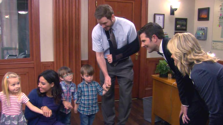 PARKS AND RECREATION -- \"Moving Up\" Episode 621/622 -- Pictured: (l-r) Aubrey Plaza as April Ludgate, Chris Pratt as Andy Dwyer, Adam Scott as Ben Wya...