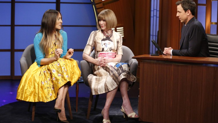 LATE NIGHT WITH SETH MEYERS -- Episode 0043 -- Pictured: (l-r) Actress Sarah Jessica Parker, Vogue editor-in-chief Anna Wintour during an interview wi...