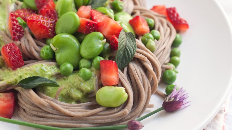 Spring soba bowl with miso-chive sauce