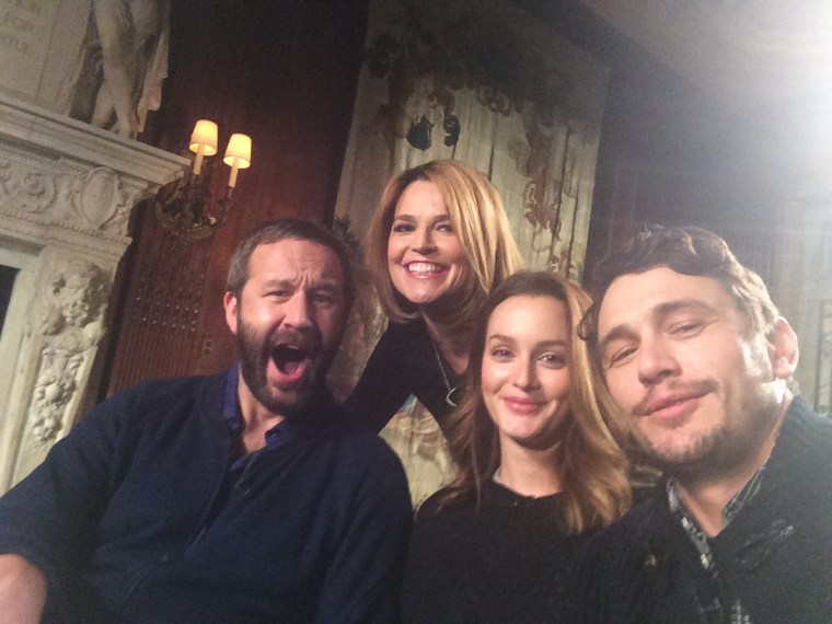 Selfie time! Savannah poses for one with \"Of Mice and Men\" stars Chris O’Dowd, Leighton Meester and James Franco in March 2014.