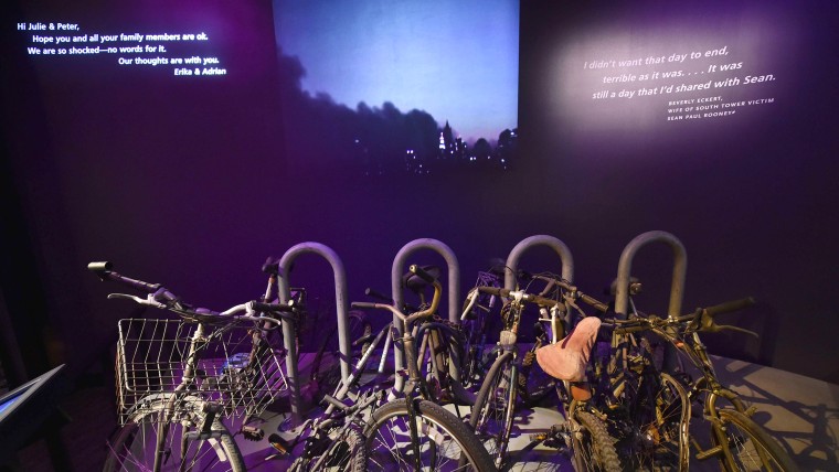 Bicycles and a bike rack from Ground Zero are part of the more than 10,000 artifacts on display at the September 11 Memorial Museum.