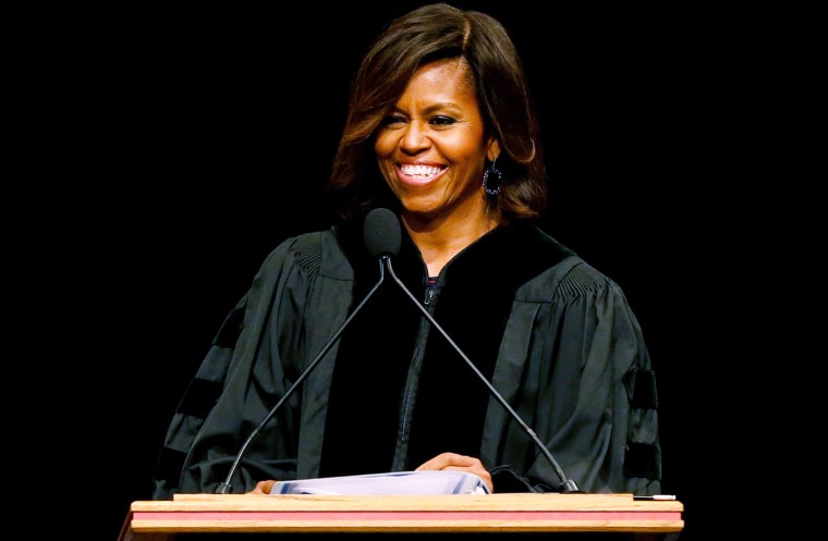 First lady Michelle Obama delivers the commencement address to graduates of Dillard University in New Orleans, Saturday, May 10, 2014. (AP Photo/Jonat...