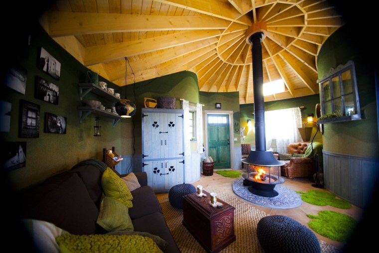 The Irish Cottage treehouse built by Nelson Treehouse and Supply in Huntington, Calif., has a fireside lounge with contemporary furnishings.