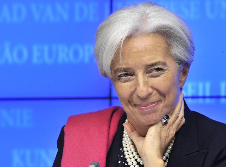 International Monetary Fund Managing Director Christine Lagarde looks on during a press conference following an Eurozone meeting on February 21, 2012 ...