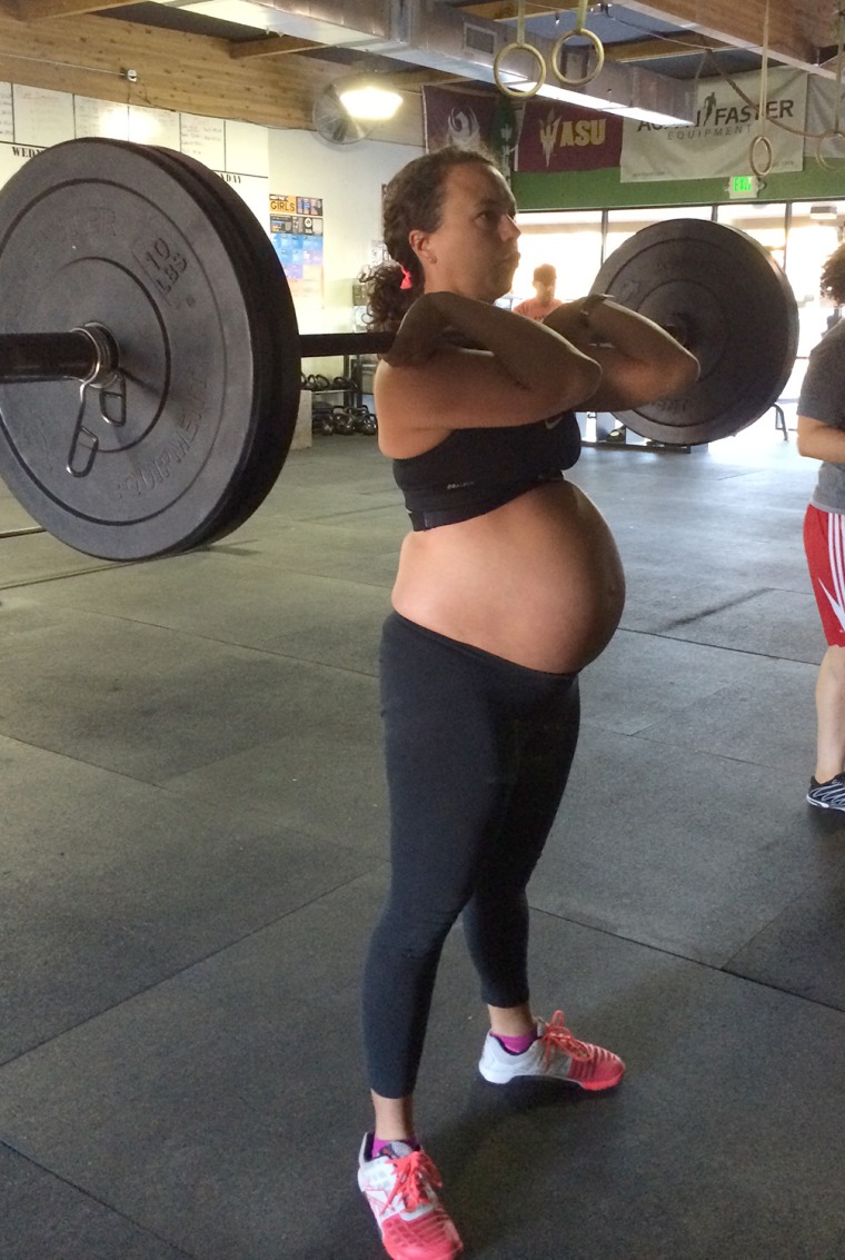 Meghan Leatherman does front squats at 37 weeks pregnant.