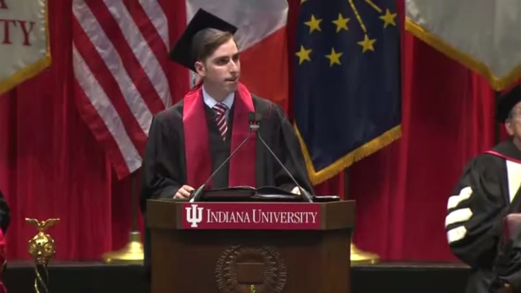 Indiana University graduate Parker Mantell delivers the 2014 commencement address