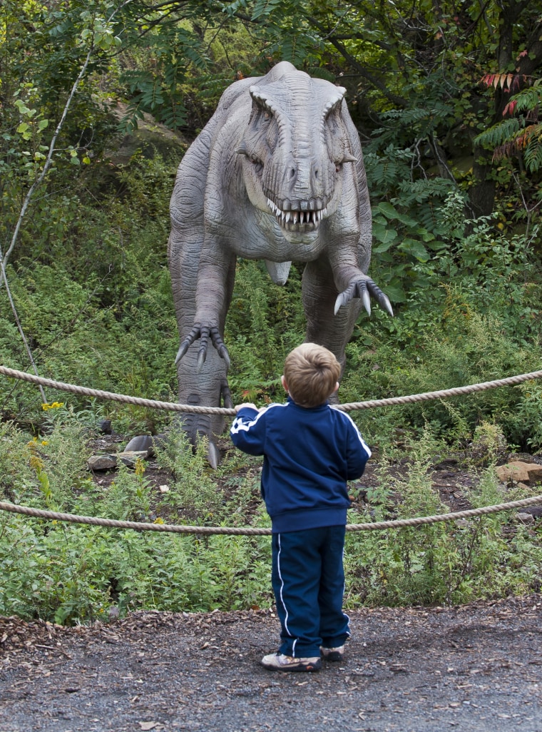 A visitor checks out the Dryptosaurus at Field Station: Dinosaurs in Secaucus, New Jersey.