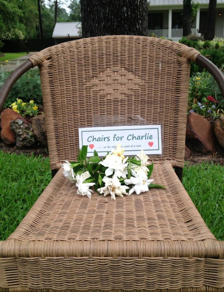 Flowers in a chair for cancer patient Charlie George