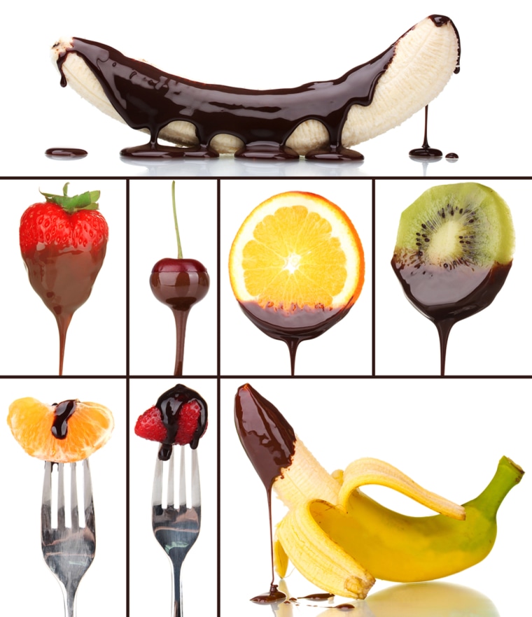 Tasty dessert collage - fruits with chocolate isolated on white; Shutterstock ID 210879736; PO: today.com