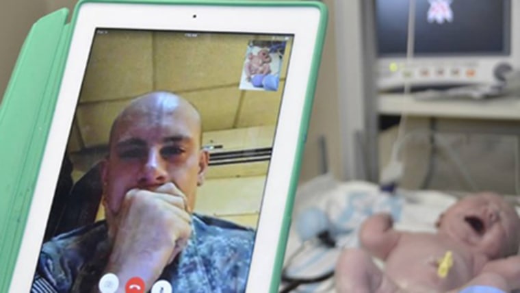 One day after Sgt. John Vorrath watched the birth of his daughter on his iPad via FaceTime while deployed in the Middle East, he surprised his wife in the hospital with a visit home.