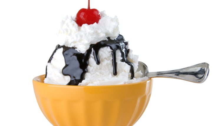 Creamy hot fudge sundae with whipped cream and cherry in bright yellow bowl; Shutterstock ID 50343598; PO: TODAY.com