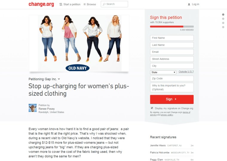 The online petition against Old Navy's pricing practices.