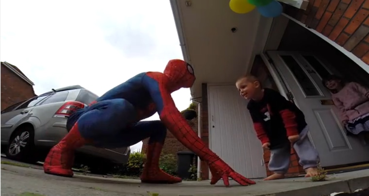 It's really Spiderman! Too bad Daddy's not here to see this! With a custom Spidey suit, parkour skills and a passable American accent, Jayden's dad made his birthday dreams come true.