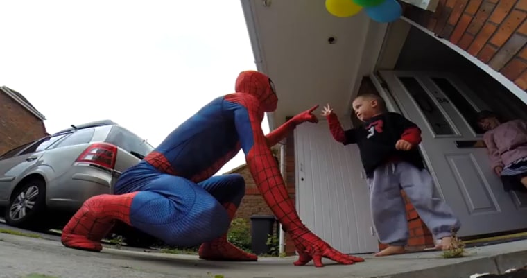 Jayden holds up five fingers as Spider-Man asks, \"How old are you?\" It's a birthday his parents feared Jayden might not live to see after he was diagnosed with inoperable brain cancer.