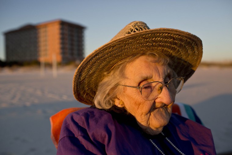 Ruby Holt, a 100-year-old Tennessee native, reflects as she sees the ocean for the first time in her life Wednesday, Nov. 19, 2014, in Orange Beach, A...