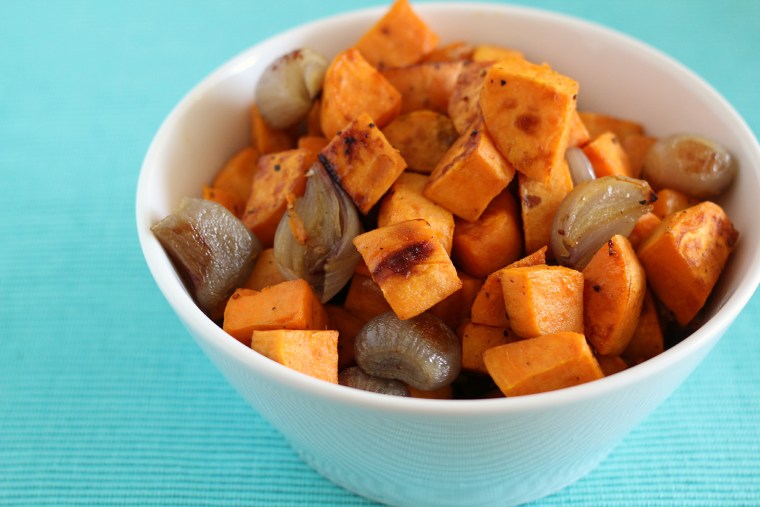 Maple Mustard Roasted Sweet Potatoes with Shallots