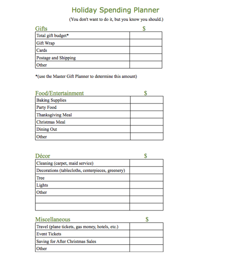 Holiday budget planner