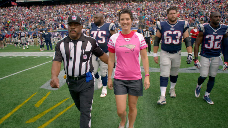 Beth Steele was invited by her favorite team, the New England Patriots, to come out to midfield for the pregame coin toss in a win over the Oakland Raiders earlier this season.