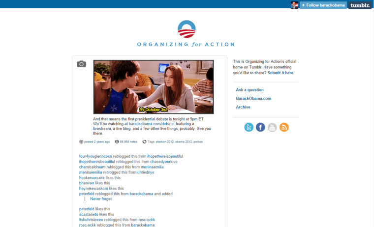 The Obama campaign used this GIF to promote a presidential debate in 2012.