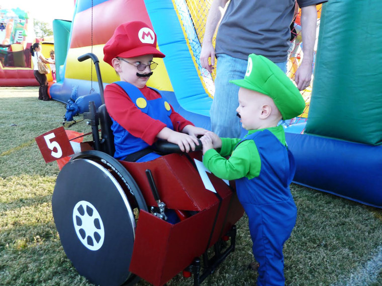 Caleb McLelland at age 5 as Mario, with little brother Benjamin, age 2, as Luigi. Their mom tries to make Caleb's Halloween costumes extra-special.