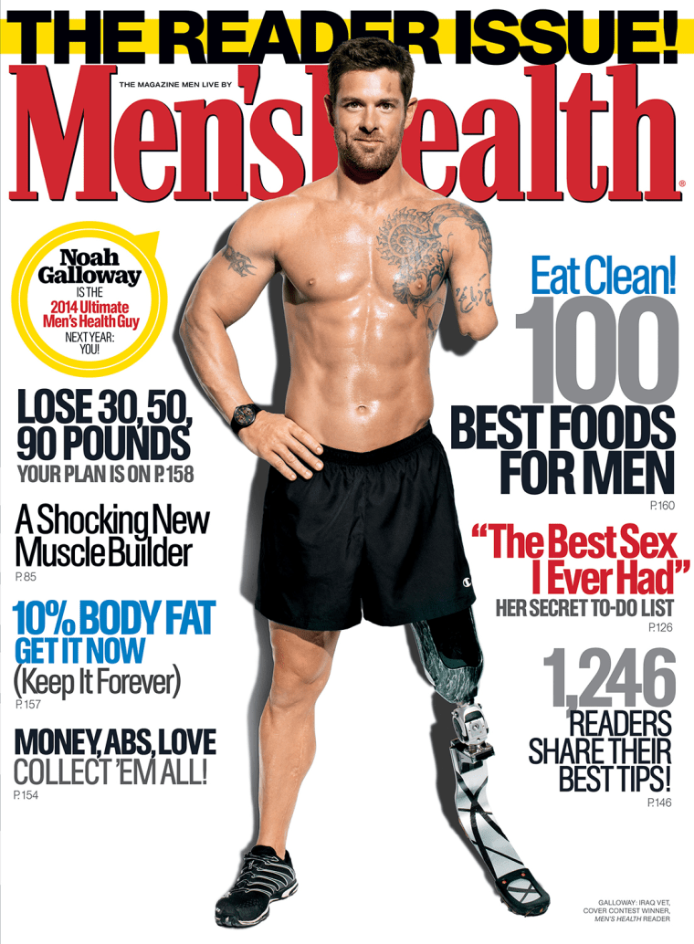 Noah Galloway, 32, an Iraq War veteran who lost part of his left arm and left leg in an IED explosion, is the first reader to grace the cover of Men's Health magazine after winning the search for the Ultimate Men's Health Guy.