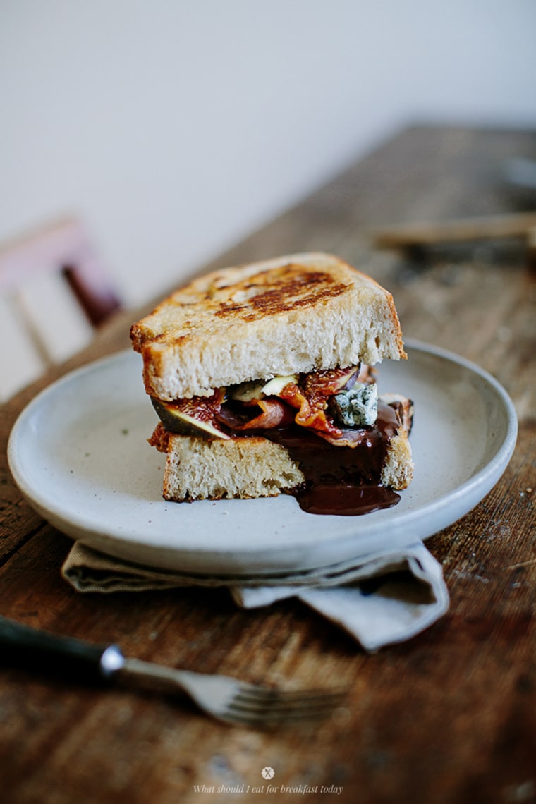 Hot sandwich with chocolate, bacon, blue cheese and figs, courtesy of Marta Greber/What Should I Eat for Breakfast Today