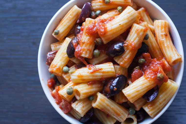 3-ingredient pasta recipe with tomato, olive and capers from Giada De Laurentiis; photos by Megan O. Steintrager