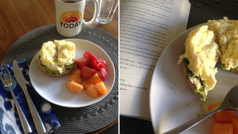 Erica's post-run meal includes eggs and avocado on a whole wheat bagel.