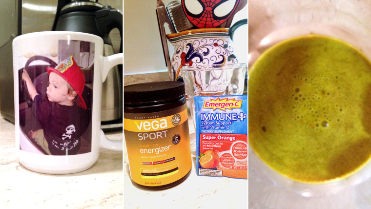 On the left, a mug with Erica's son Weston at age 2, holds her morning coffee. The pre-workout energy powder and Emergen-C are mixed with water for a boost.