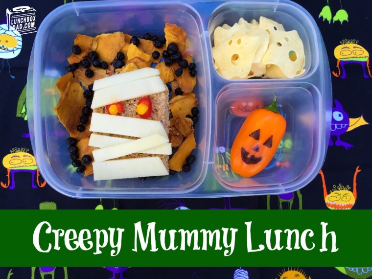 Creepy Mummy Lunch: Coffron’s most recent Halloween creation contains an open-faced mummy sandwich, served over dried fruit.  Pictured on the side are a jack-o-lantern pepper and ghost chips.