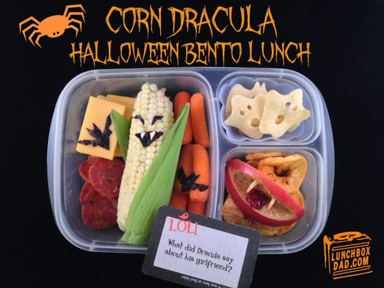 Nori and mushrooms are used to turn this normal ear of corn into Count Dracula.  Ghost chips, nori bats and a peanut butter and jelly vampire mouth add to the spookiness of this lunch.