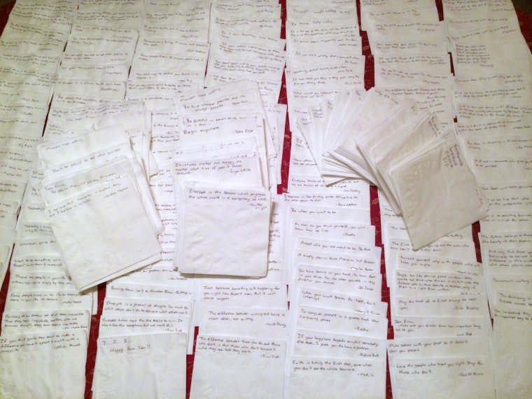 The 826 \"just in case\" napkin notes Callaghan has saved for his daughter.