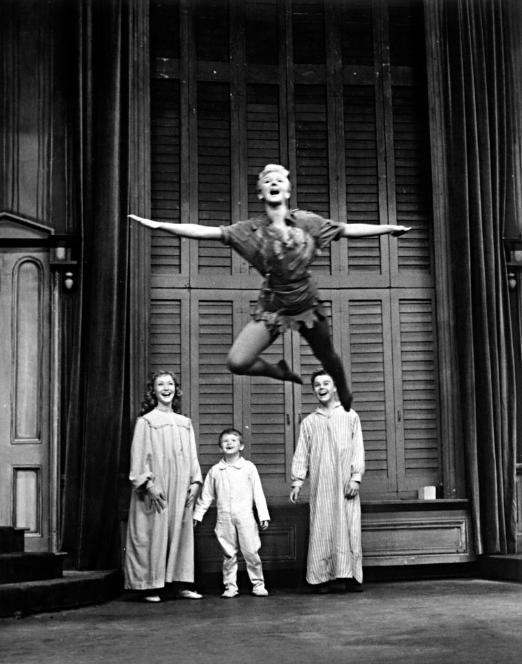 Mary Martin as Peter Pan, with the Darling children Maureen Bailey, Kent Fletcher and Joey Trent in a 1960 TV special.