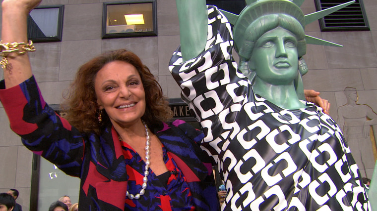 Diane von Furstenberg visiting TODAY with her newest gal pal -- a replica of The Statue of Liberty, wearing one of the designer's iconic wrap dresses.