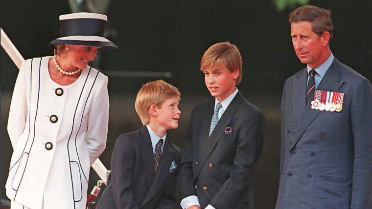 Princess Diana, Prince Harry, Prince William and Prince Charles gather for the commemorations of V-J Day in 1995.