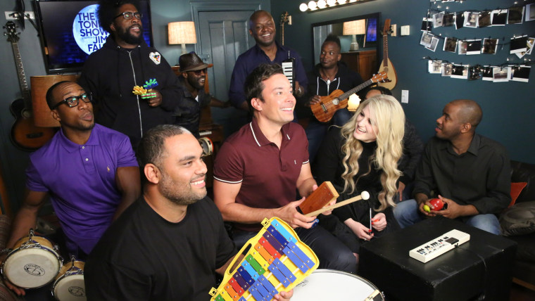 Image: Meghan Trainor with Jimmy Fallon and The Roots. 