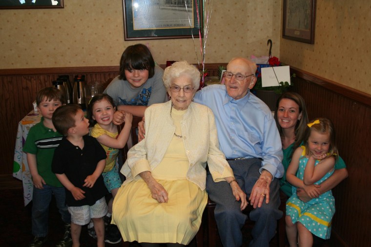 Mazie and Raymond Huggins and some of their nine grandchildren and a dozen great-grandchildren.