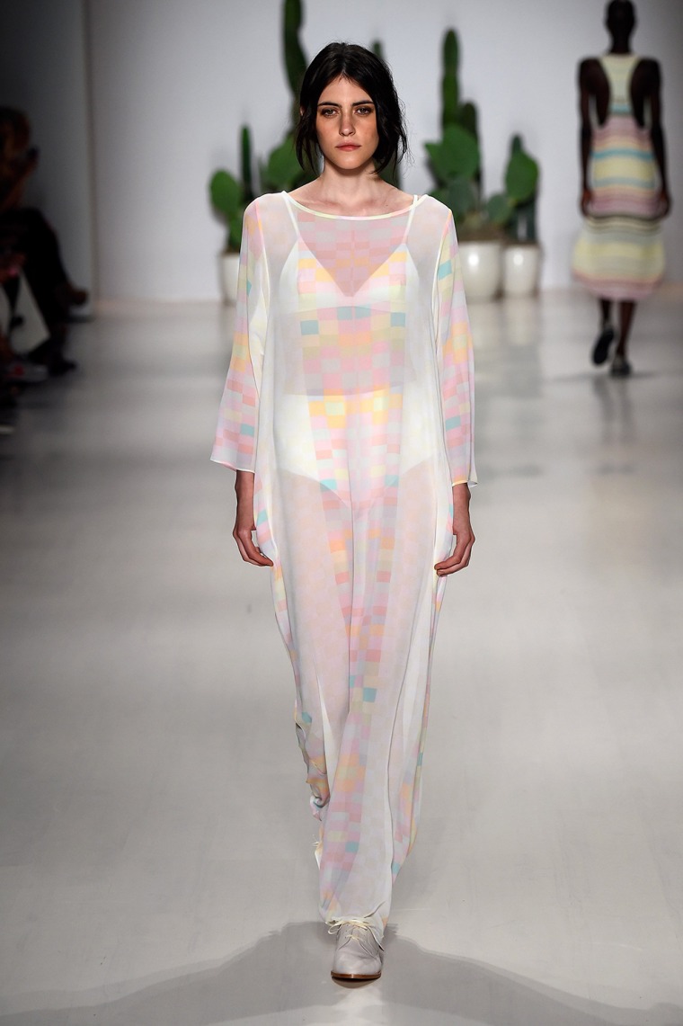 NEW YORK, NY - SEPTEMBER 06:  A model walks the runway at the Mara Hoffman fashion show during Mercedes-Benz Fashion Week Spring 2015 at The Salon at ...