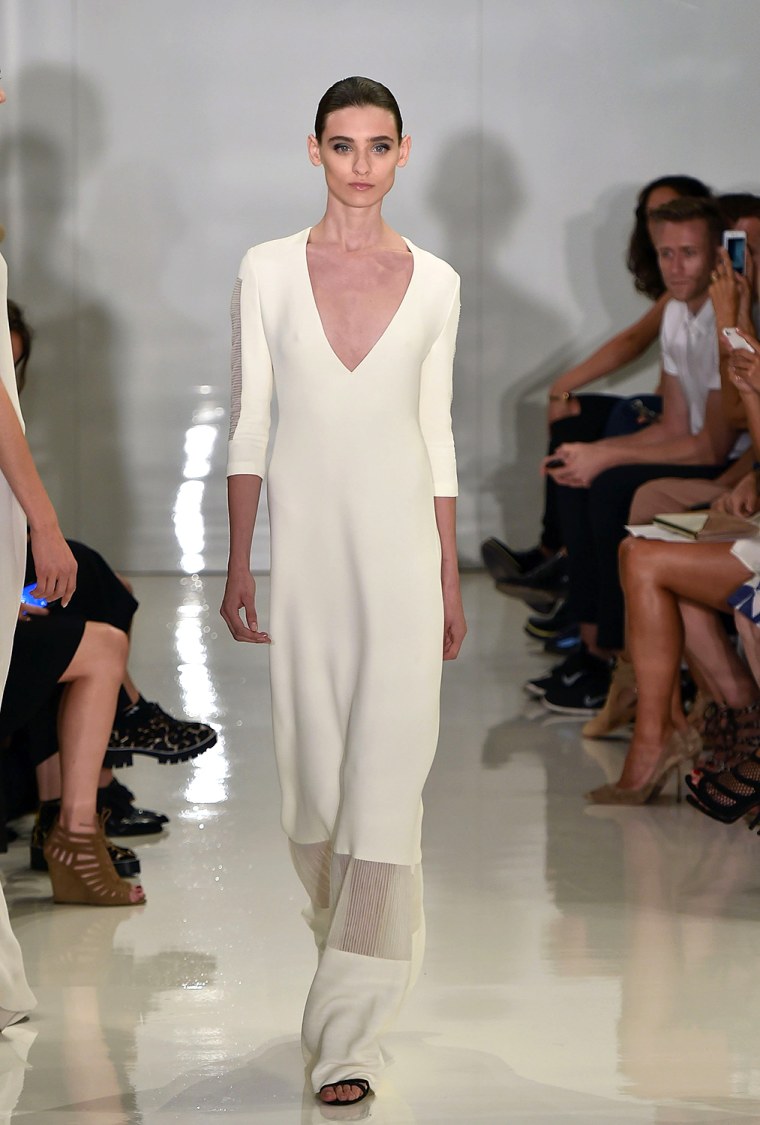 NEW YORK, NY - SEPTEMBER 06:  A model walks the runway at the Ralph Rucci fashion show during Mercedes-Benz Fashion Week Spring 2015 on September 6, 2...