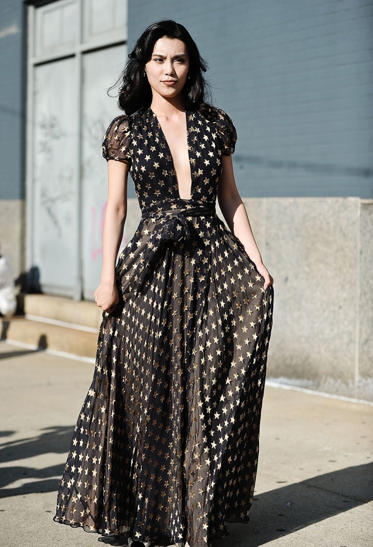 NEW YORK, NY - SEPTEMBER 07:  A guest is seen outside the Diane Von Furstenberg show wearing a DVF dress on September 7, 2014 in New York City.  (Phot...