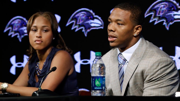 FILE - In this May 23, 2014, file photo, Baltimore Ravens running back Ray Rice, right, speaks alongside his wife, Janay, during a news conference at ...