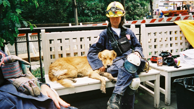 Denise Corliss and Bretagne the search dog at Ground Zero in 2001.
