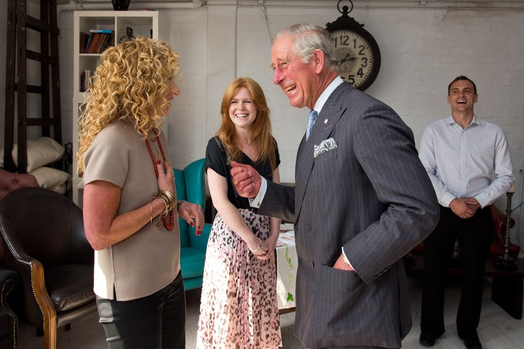 LONDON, ENGLAND - SEPTEMBER 09:  Prince Charles, Prince of Wales meets Kelly Hoppen (L) and Liz Temperley an entrepreneur (C) supported by the Prince'...