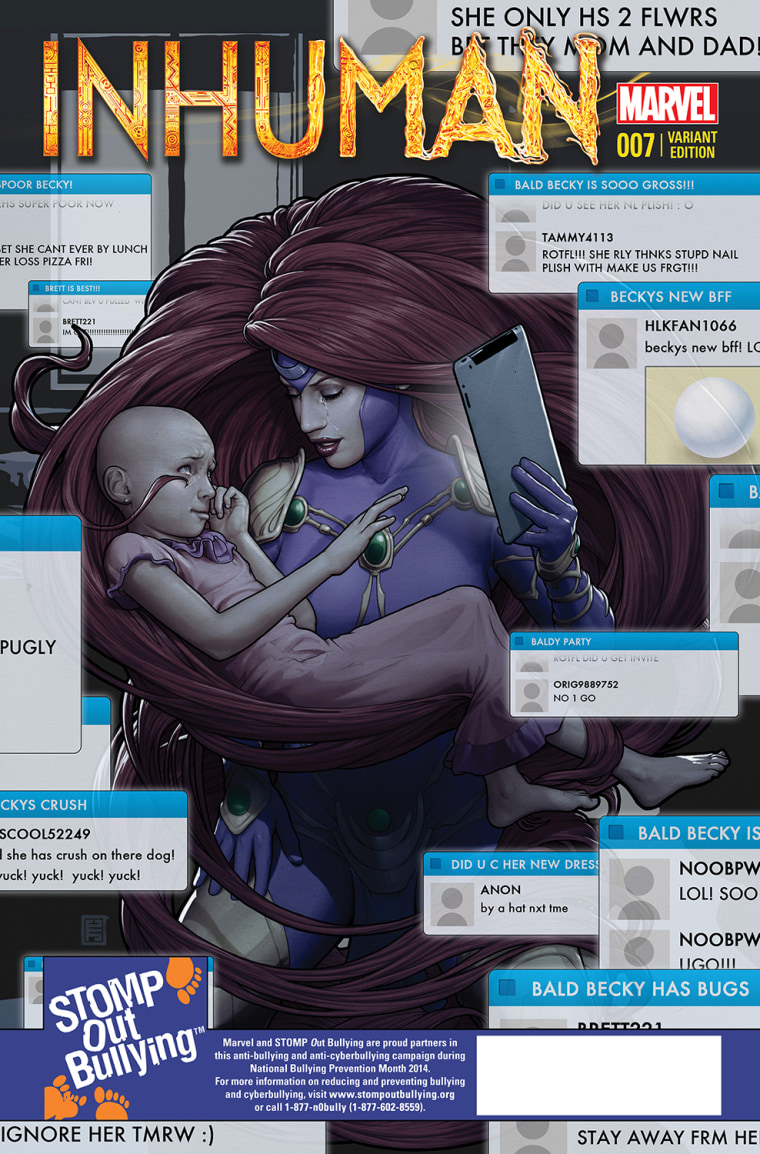 Superheroine Medusa of the Inhumans comforts a cyberbullying victim on a special Marvel Comics cover.